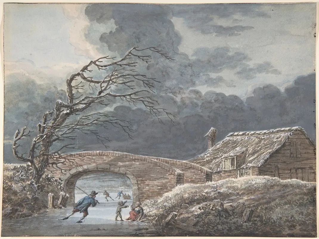 Winter Landscape With Skaters On A Frozen Canal