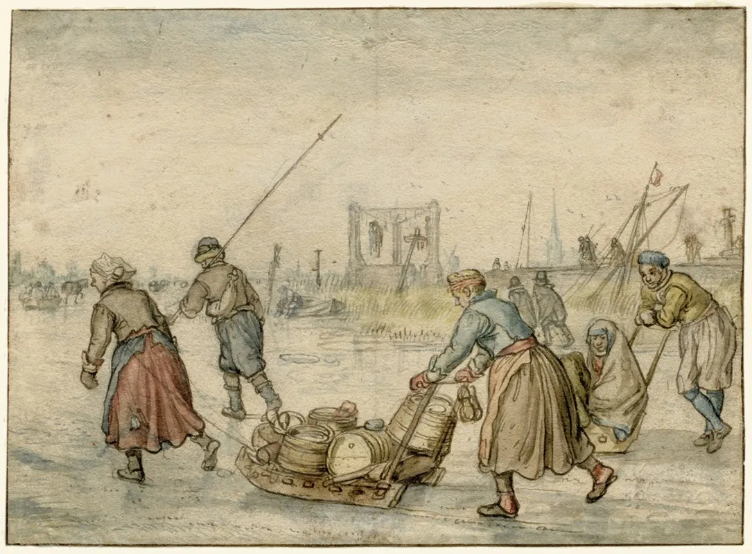 Winter Landscape With Two Women And A Sledge And Other Figures On The Ice A Gallows In The Distance