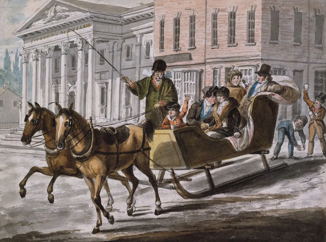Winter Scene In Philadelphia The Bank Of The United States In The Background Wall Art by John Lewis Krimmel - High-Resolution Digital Print