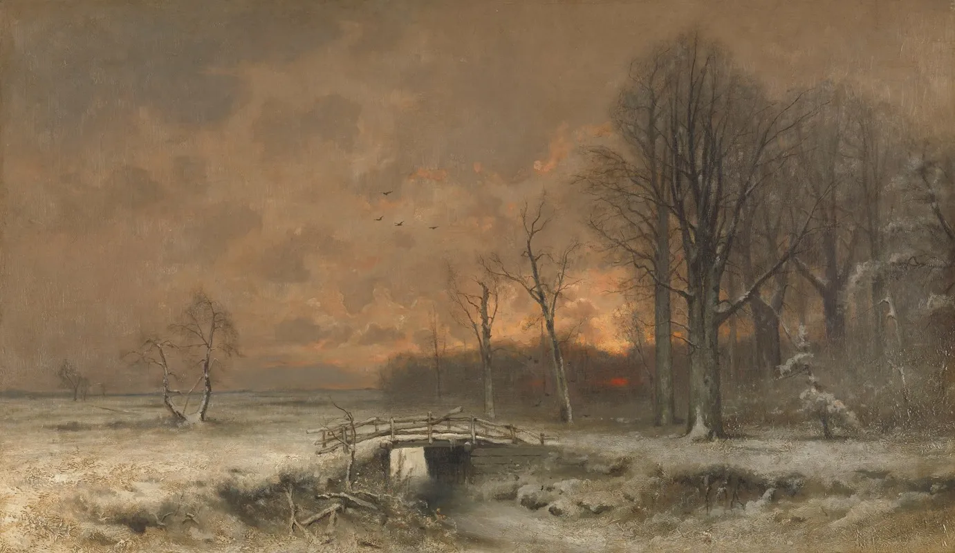 Winter Scene With The Sun Setting Behind Trees Wall Art by Louis Apol - High-Resolution Digital Print