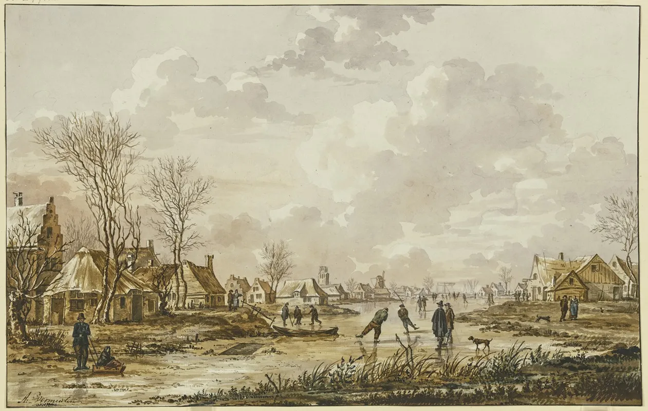 Winterlandschaft Auf Einem Gefrorenem Fluss Bei Einem Stadtchen Schhlittschuhlaufer
