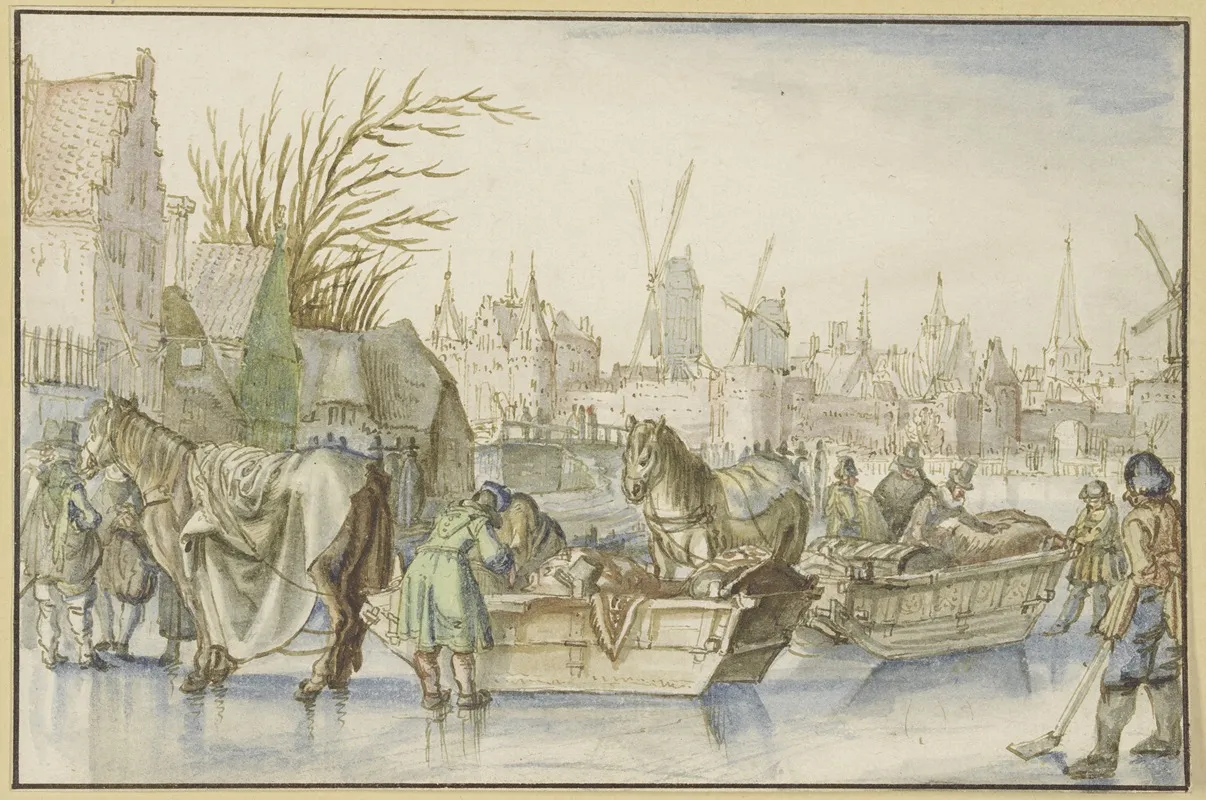 Winterlandschaft Im Vordergrund Zwei Mit Pferden Bespannte Schlitten Wall Art by Claes Janszoon Visscher I - High-Resolution Digital Print