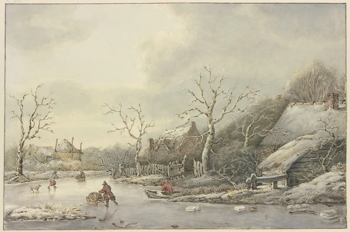 Winterlandschaft Mit Schlittschuhlaufern Auf Einem Kanal