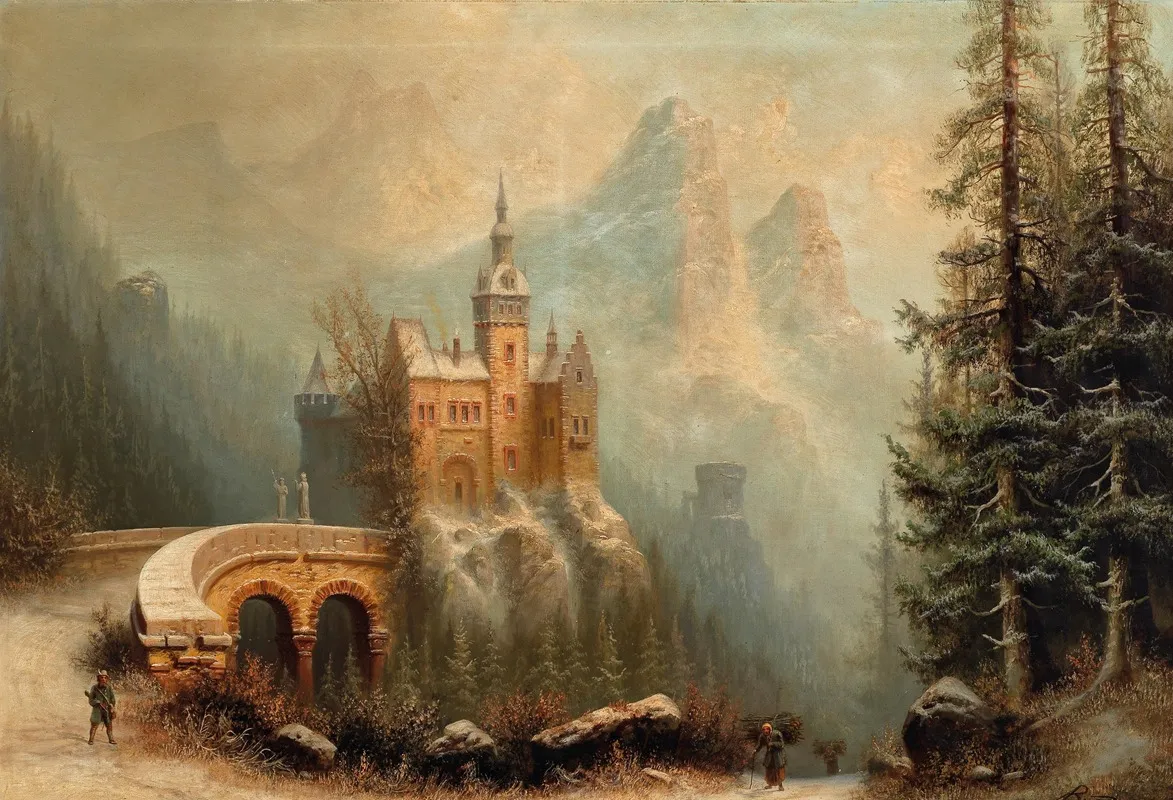 Winterlandschaft Mit Schlossanlage Im Gebirge