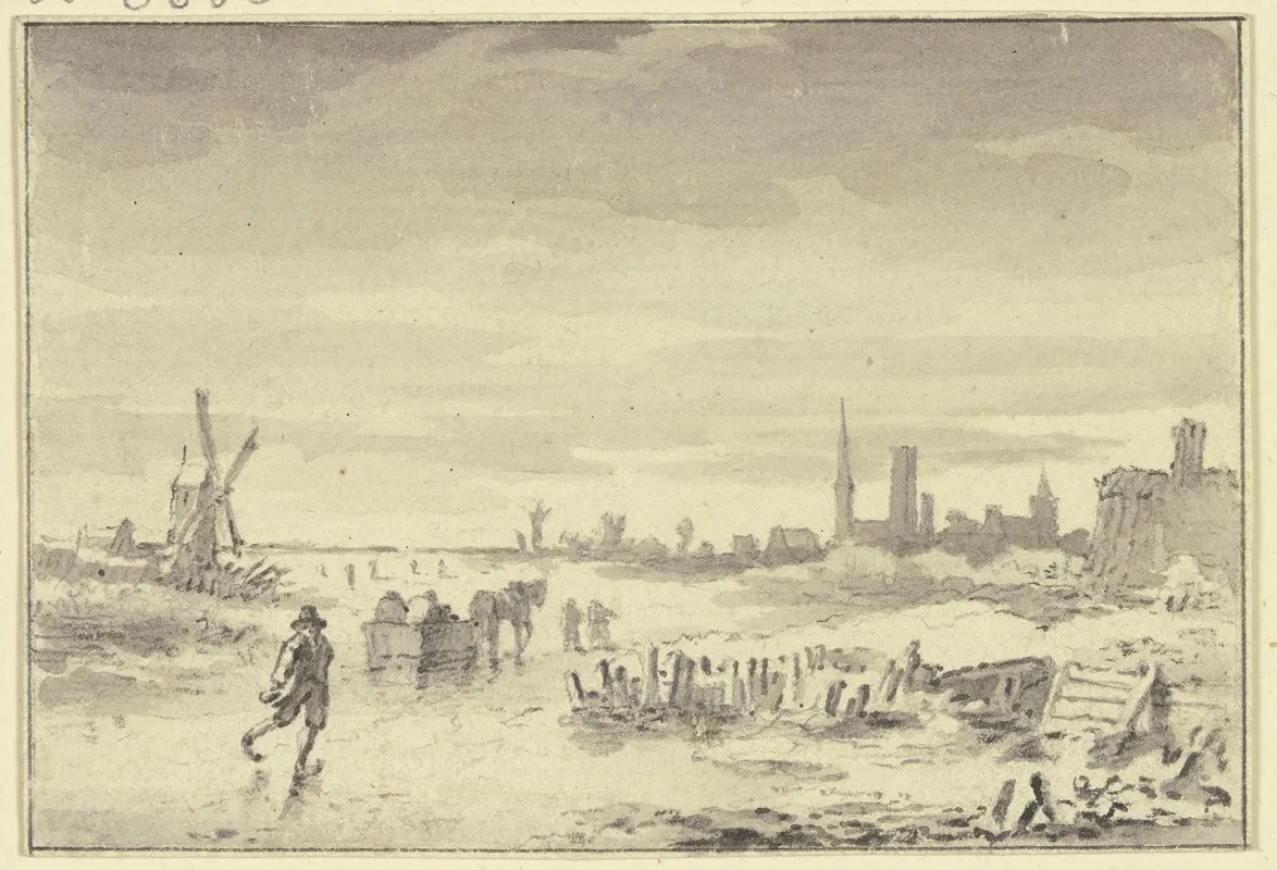 Winterlandschaft Rechts Eine Stadt Links Eine Windmuhle In Der Mitte Ein Schlittschuhlaufer Wall Art by Steven Goblé - High-Resolution Digital Print