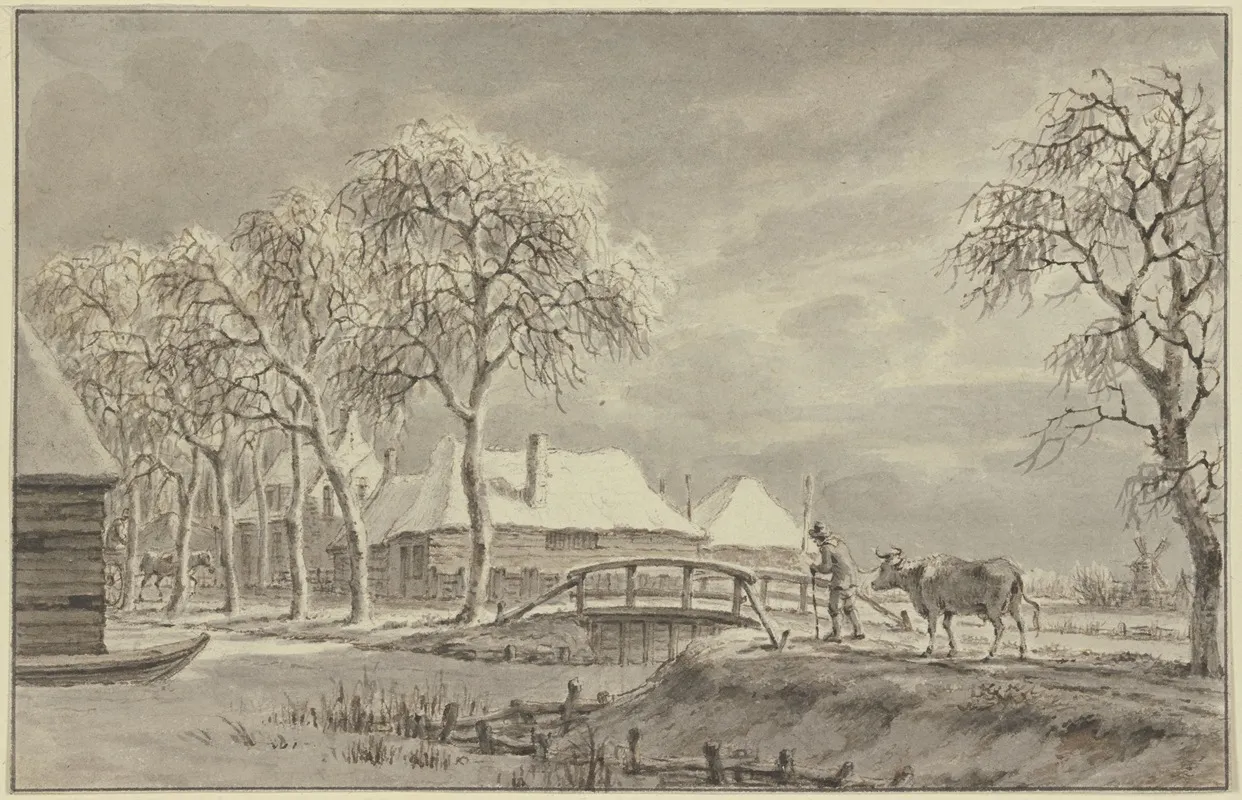 Winterlandschaft Uber Eine Brucke Bei Einem Dorf Fuhrt Ein Bauer Eine Kuh