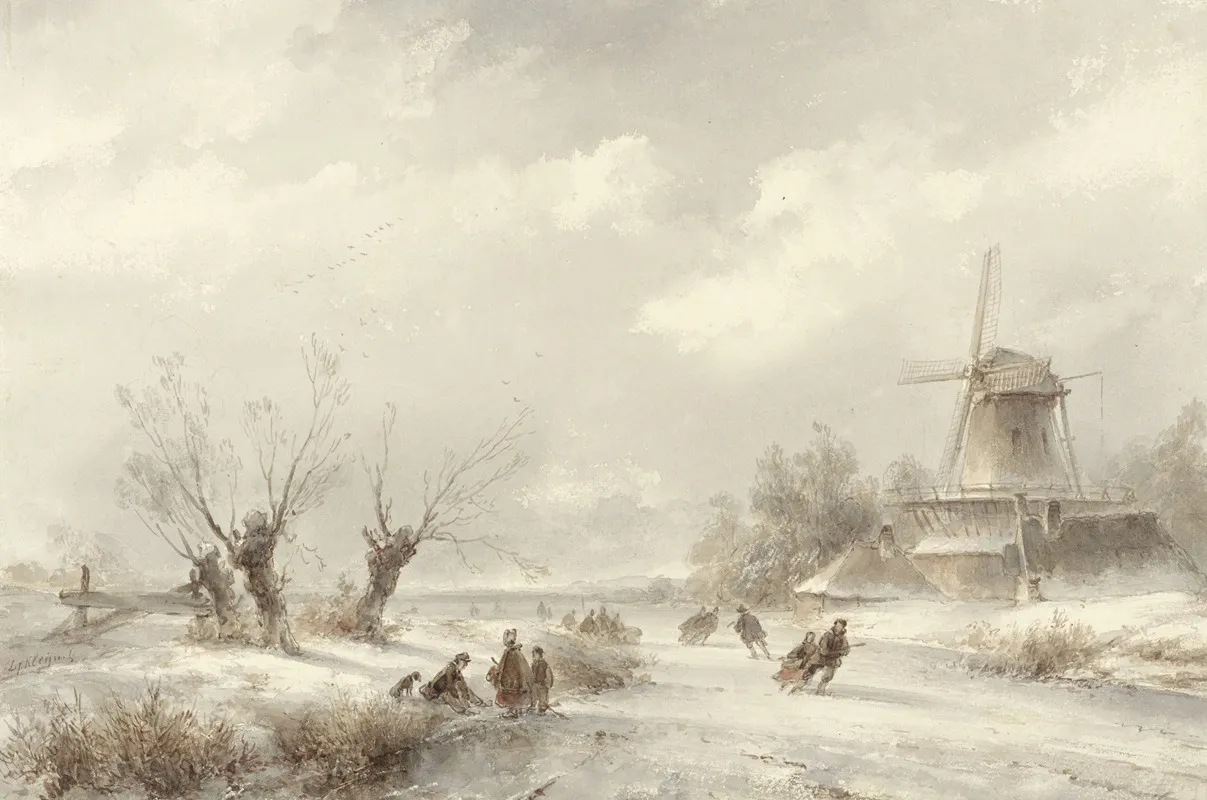 Winterlandschap Met Schaatsenrijders Bij Een Molen Wall Art by Lodewijk Johannes Kleijn - High-Resolution Digital Print