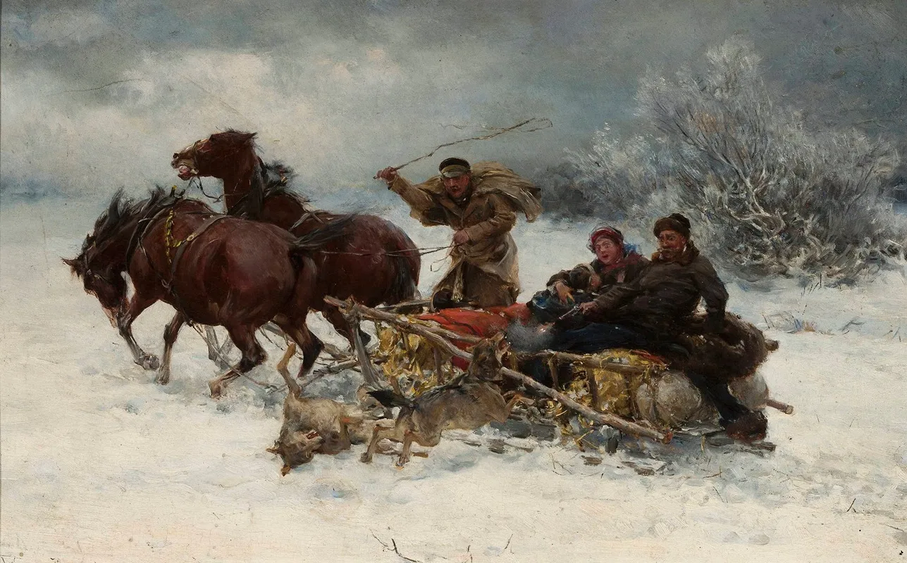 Wolves Attacking A Sleigh Wall Art by Alfred von Wierusz-Kowalski - High-Resolution Digital Print