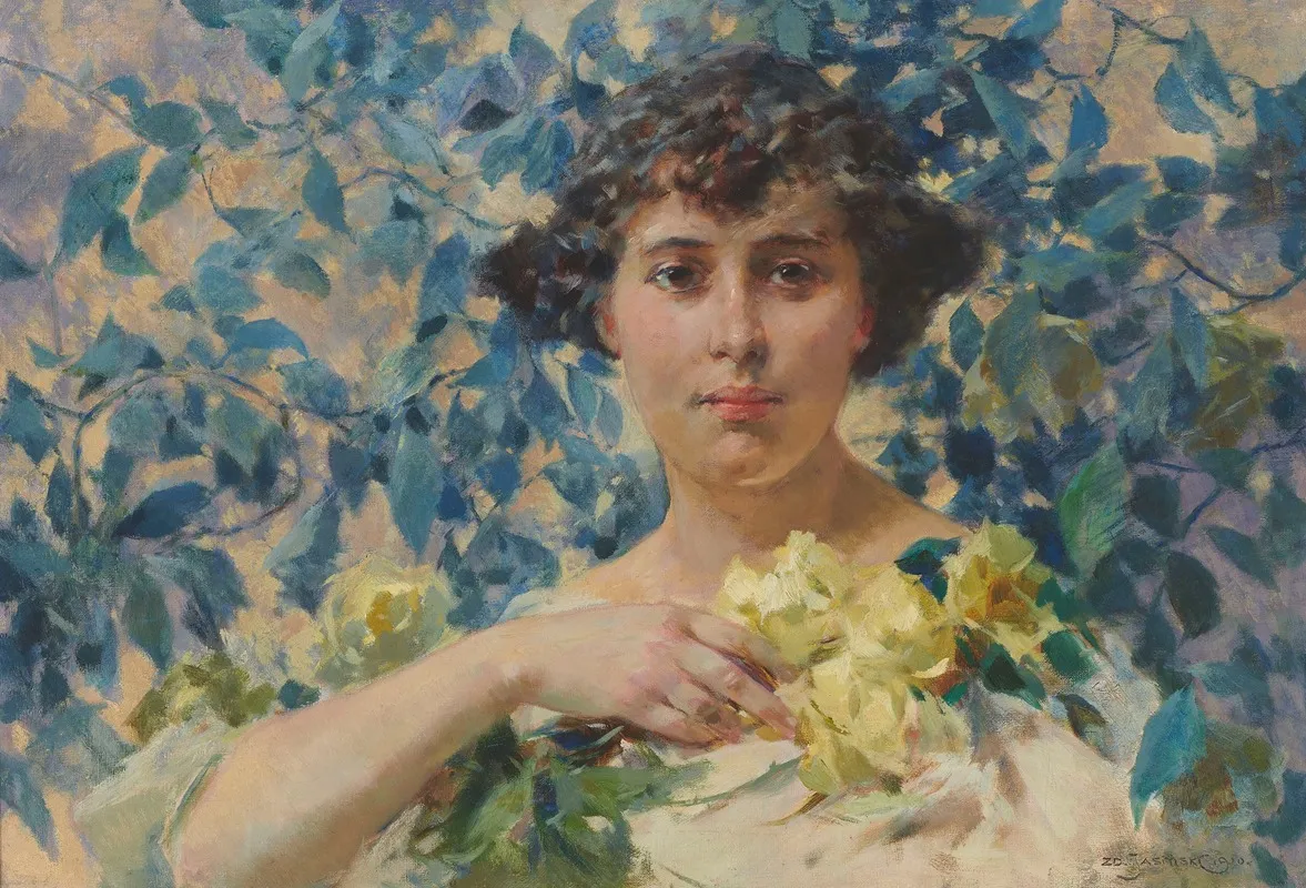Woman Against Blossoming Shrubs