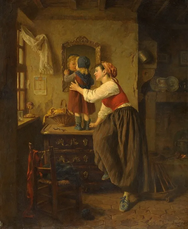 Woman And Child Before A Mirror Wall Art by Paul Seignac - High-Resolution Digital Print