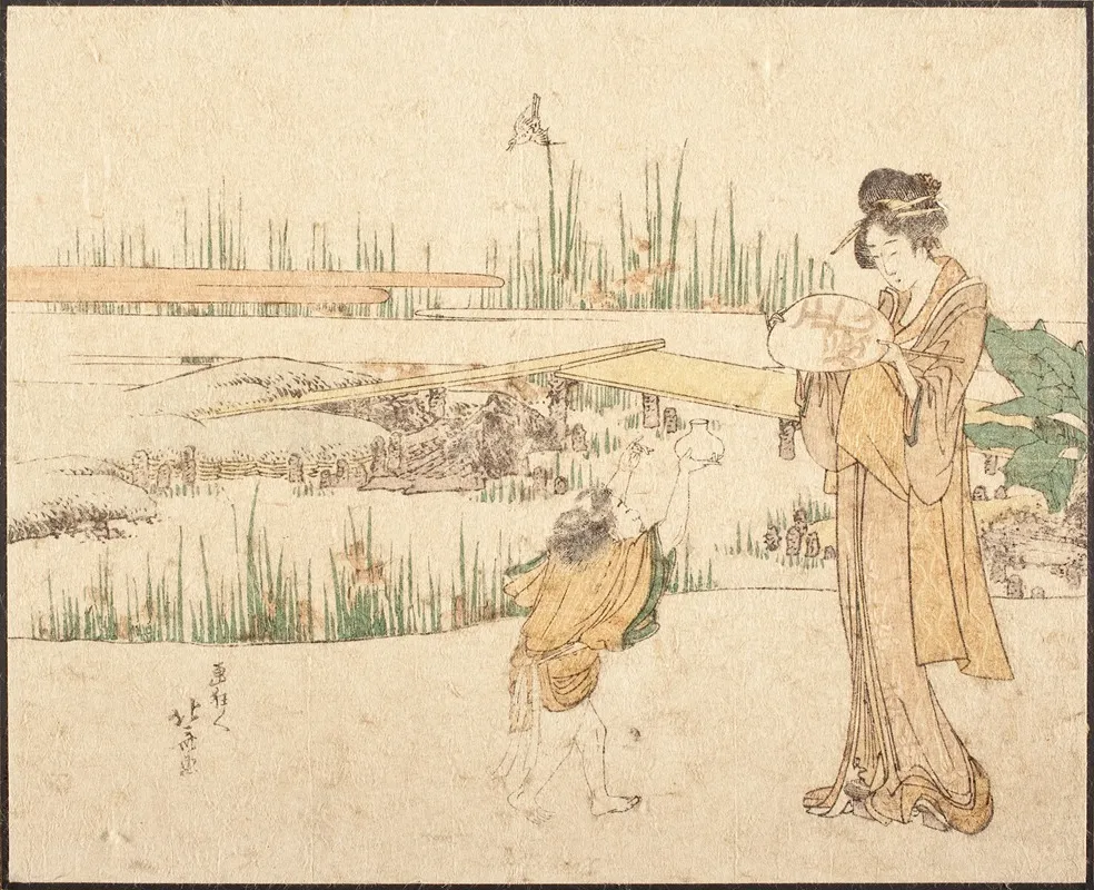 Woman And Child In A Garden Fragment Of Goldfish Vendor Wall Art by Katsushika Hokusai - High-Resolution Digital Print