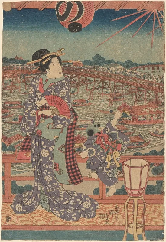Woman And Child In Purple Kimono Overlooking Boats And Bridge Wall Art by Utagawa Kunisada (Toyokuni III) - High-Resolution Digital Print