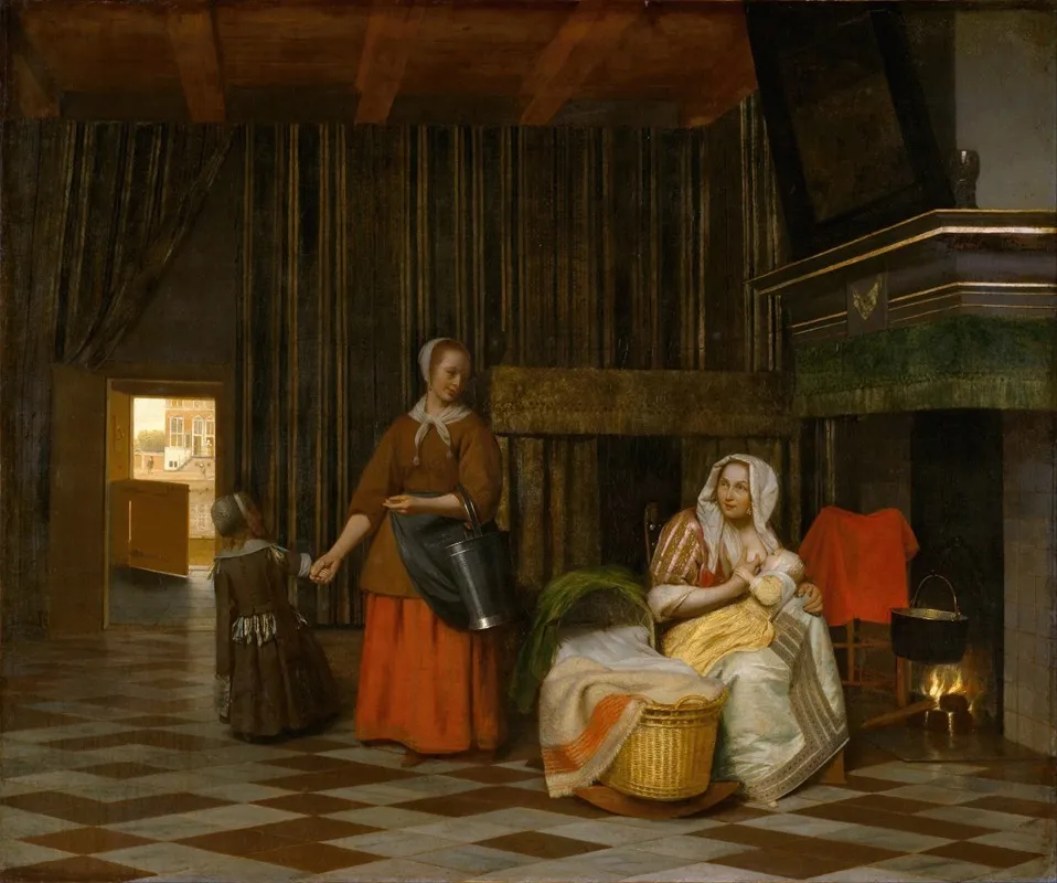 Woman And Child With Serving Maid Wall Art by Pieter De Hooch - High-Resolution Digital Print