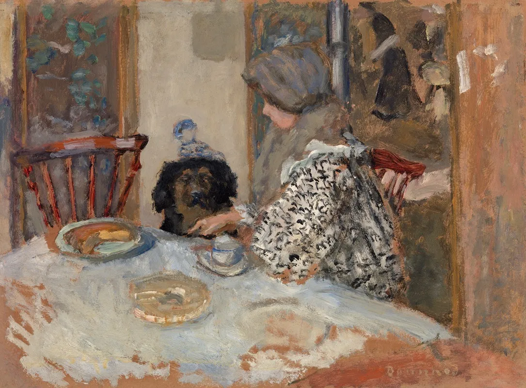 Woman And Dog At Table