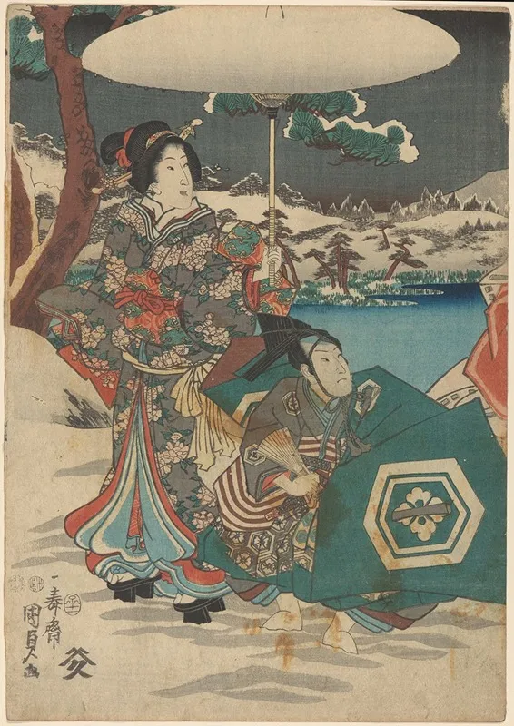 Woman And Male Servant In Snow Woman Holding White Umbrella Wall Art by Utagawa Kunisada (Toyokuni III) - High-Resolution Digital Print
