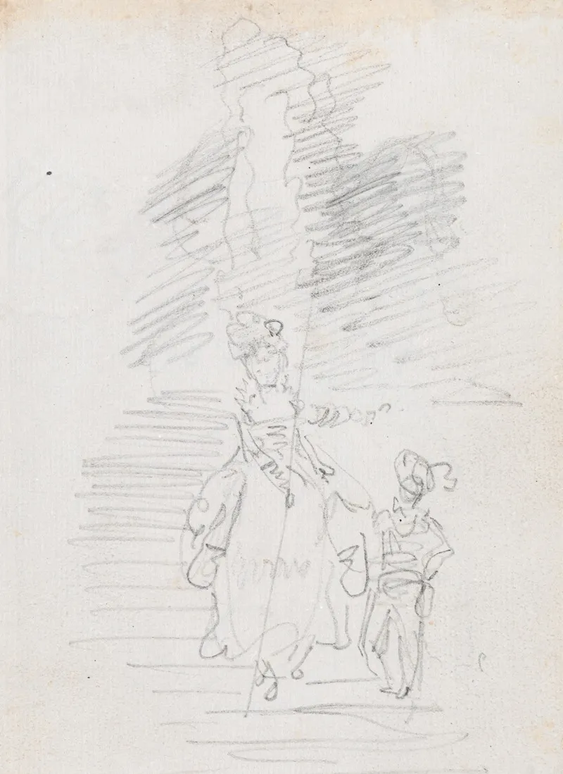 Woman And Smaller Male Figure On Grand Stairway Recto