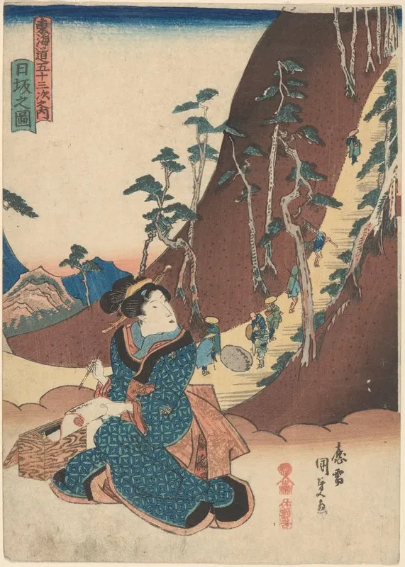 Woman At The Foot Of A Mountain Path In Hizaka Wall Art by Utagawa Kunisada (Toyokuni III) - High-Resolution Digital Print