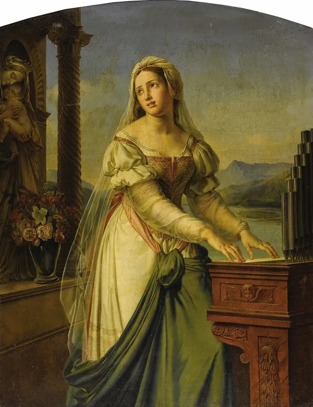 Woman At The Organ Before A Statue Of The Virgin And Child Wall Art by Marie-Philippe Coupin De La Couperie - High-Resolution Digital Print