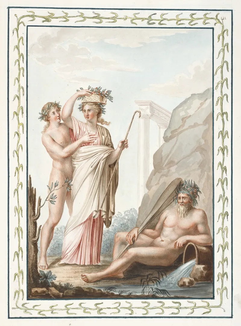 Woman Carrying Basket On Her Head Nude Youth And Nude Man Reclining Next To Water Jug Wall Art by Pierre-Jean Mariette - High-Resolution Digital Print