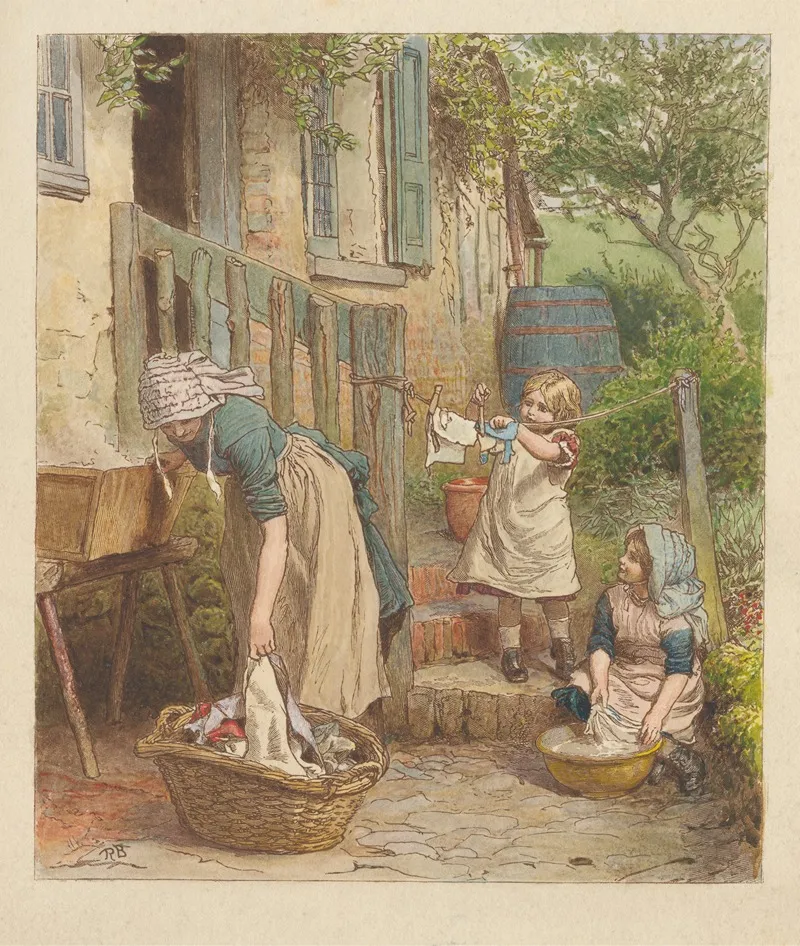 Woman Doing Laundry With Two Girls Wall Art by Robert Barnes - High-Resolution Digital Print