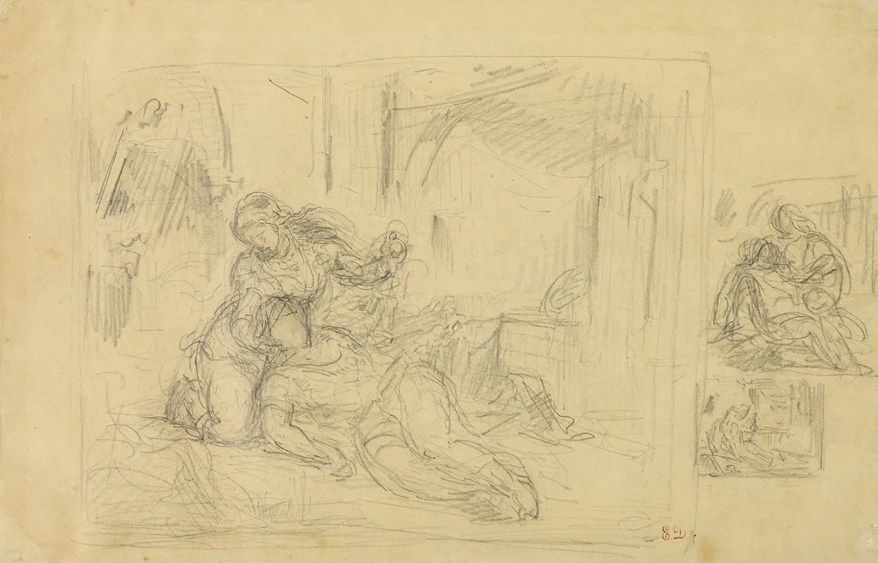 Woman Dying Man In Bedroom Two Sketches Of Same