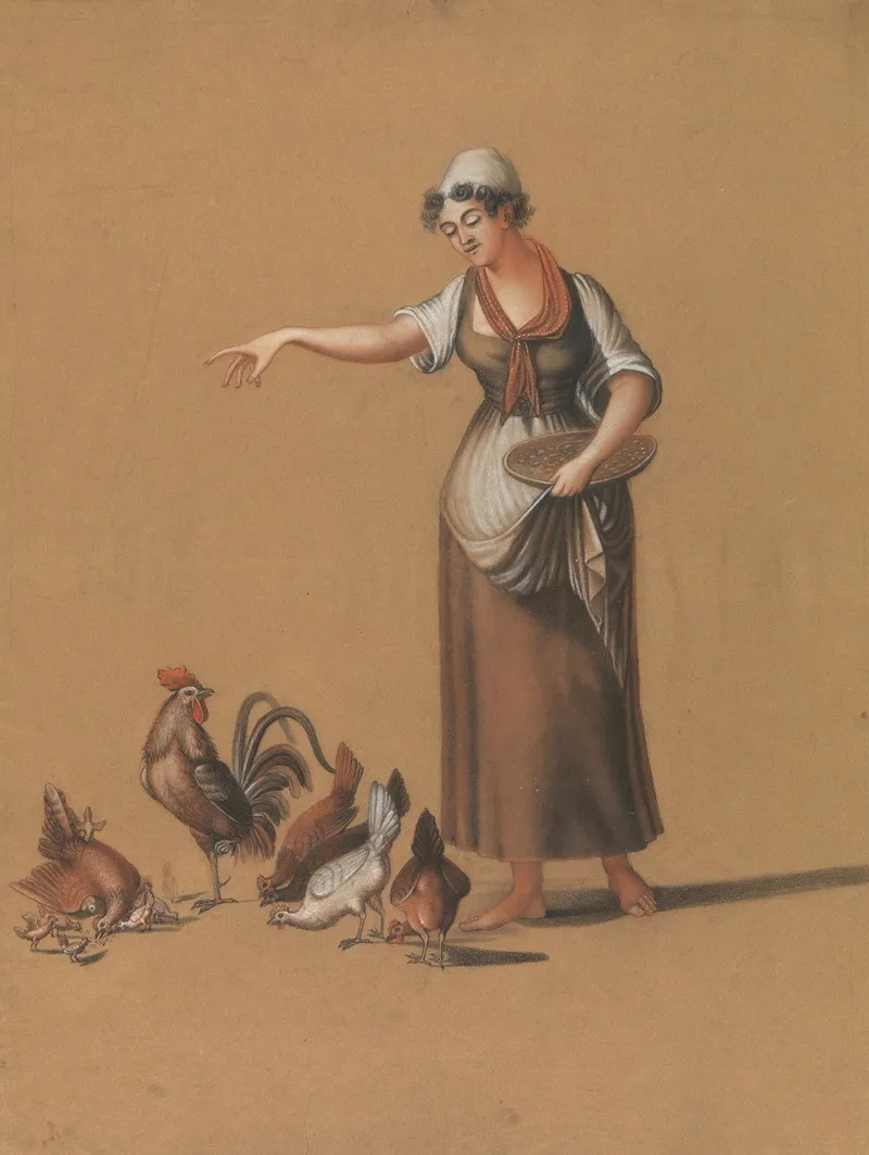 Woman Feeding Chickens 2 Wall Art by Paul Voituron - High-Resolution Digital Print