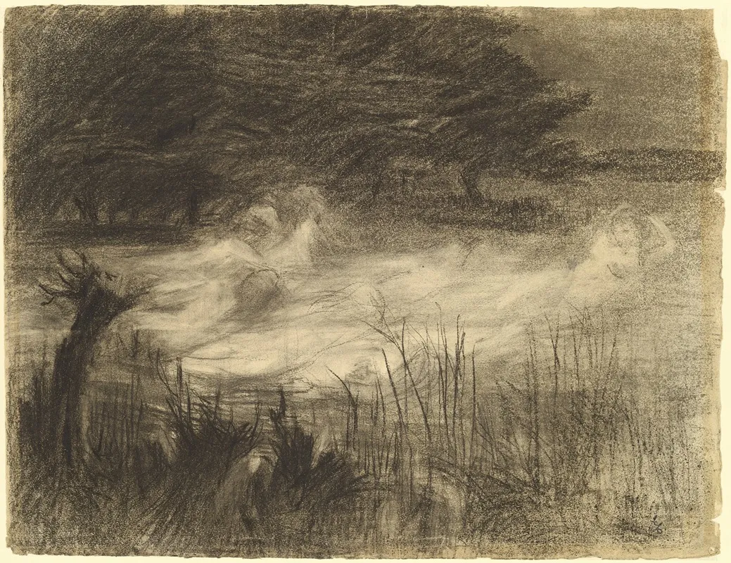Woman Floating In A River Attended By Several Female Spirits Wall Art by Frederick Trapp Friis - High-Resolution Digital Print