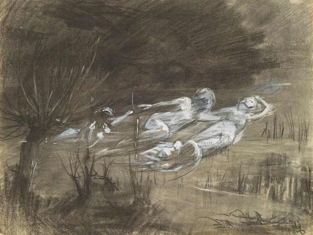 Woman Floating In A River Attended By Two Female Spirits 2 Wall Art by Frederick Trapp Friis - High-Resolution Digital Print