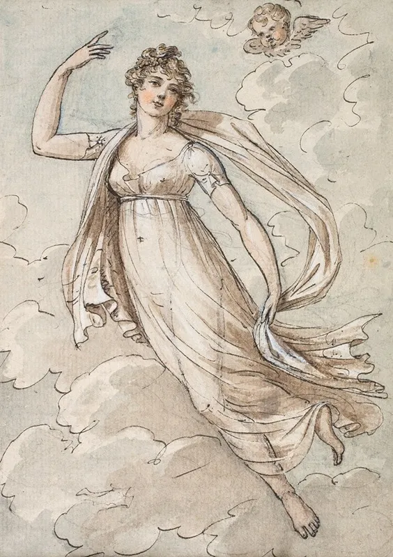 Woman Floating In The Sky Observed By A Cherub Wall Art by Peltro William Tomkins - High-Resolution Digital Print