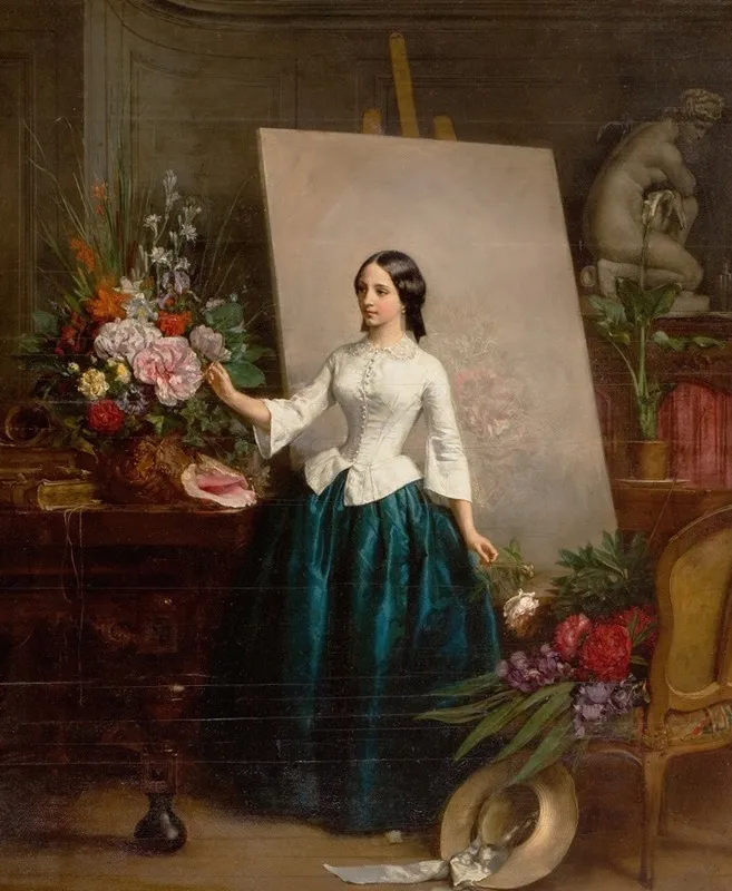 Woman Flower Painter At The Easel Suzanne Estelle Beranger Apoil Wall Art by Jean-Baptiste-Antoine-Emile Béranger - High-Resolution Digital Print