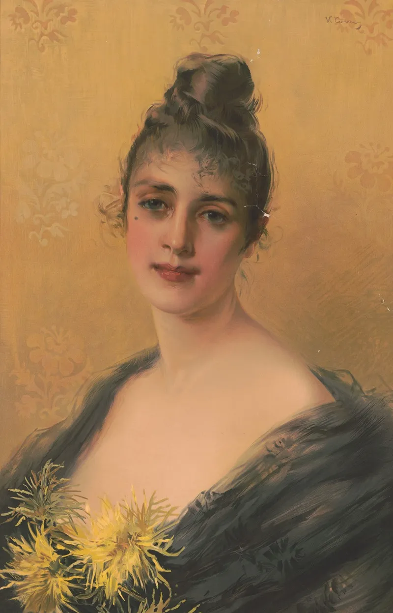 Woman From Chest Up With Yellow Flowers Wall Art by V. Covey - High-Resolution Digital Print