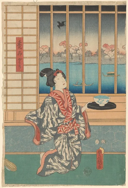 Woman Holding Bowl And Tray Before Window Cherry Trees Blooming Outside Wall Art by Toyokuni Utagawa - High-Resolution Digital Print