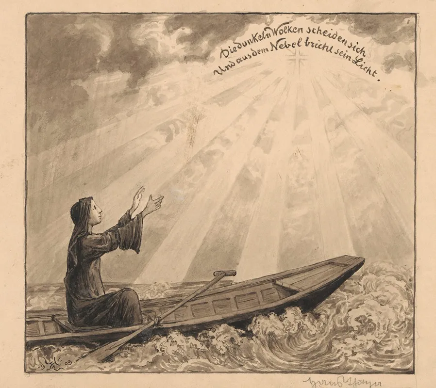 Woman In A Boat Reaching Towards A Cross With Her Hand Wall Art by Hans Thoma - High-Resolution Digital Print