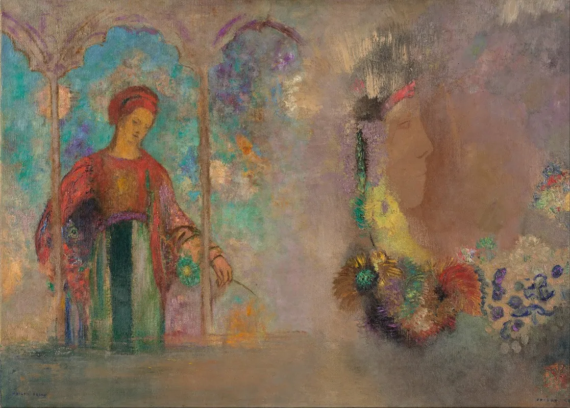 Woman In A Gothic Arcade Woman With Flowers Wall Art by Odilon Redon - High-Resolution Digital Print