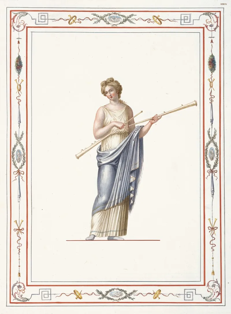 Woman In Classical Dress Holding Two Long Pipes Wall Art by Pierre-Jean Mariette - High-Resolution Digital Print