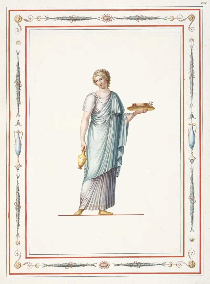 Woman In Classical Dress Holding Vase And Platter Of Food Wall Art by Pierre-Jean Mariette - High-Resolution Digital Print