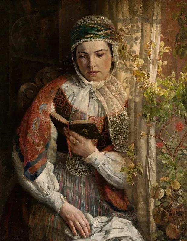 Woman In Folk Costume Reading A Book Wall Art by Sigmond Sokolowski - High-Resolution Digital Print