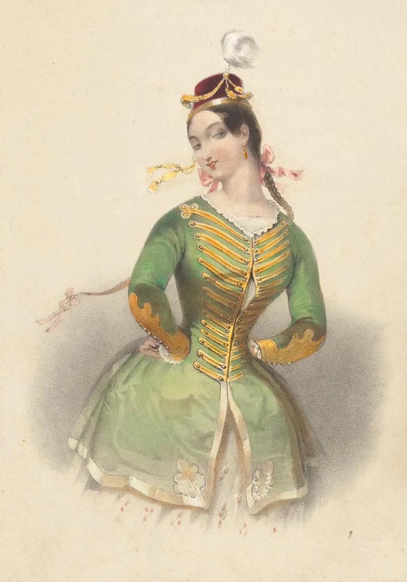 Woman In Green Military Style Jacket And Red Shako With White Feather Her Arms Akimbo Wall Art by Eugène Charles François Guérard - High-Resolution Digital Print