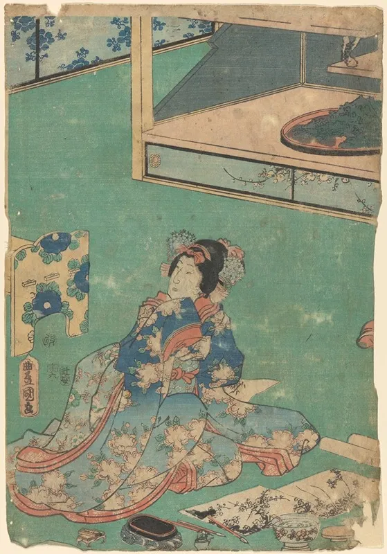 Woman In Kimono Of Blue Shaded As A Background For Elaborate Embroidery Of Pink Peonies Wall Art by Toyokuni Utagawa - High-Resolution Digital Print