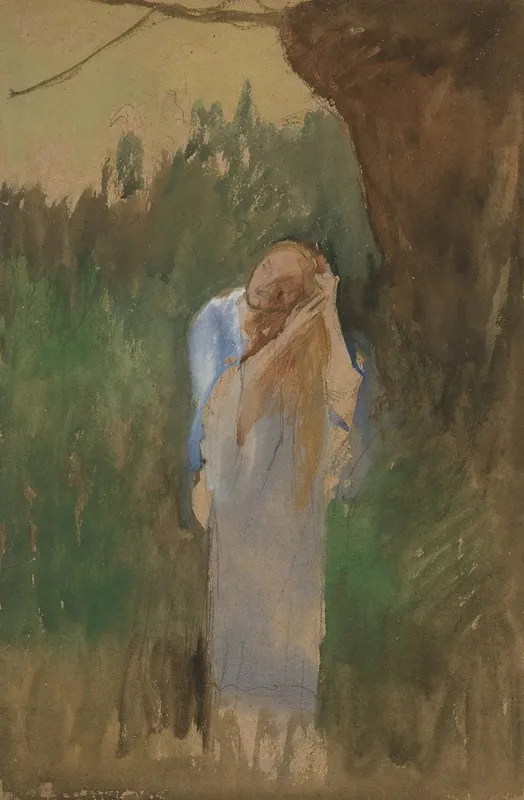 Woman In Landcape Combing Her Long Blond Hair