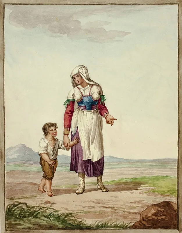 Woman In Native Costume With Boy On Road Wall Art by After Bartolomeo Pinelli - High-Resolution Digital Print