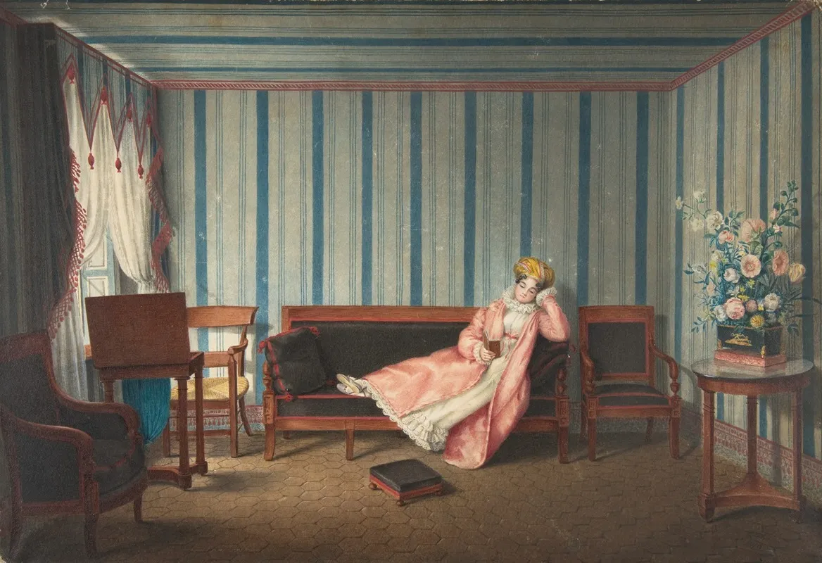 Woman In Pink Reclining On A Canape Wall Art by Theodore Lebrun - High-Resolution Digital Print