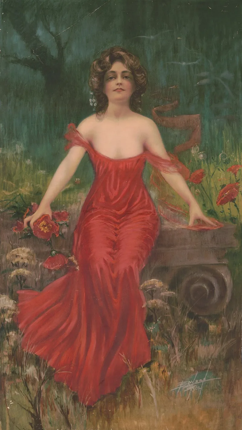 Woman In Red Dress Seated In Garden Wall Art by Bryson - High-Resolution Digital Print