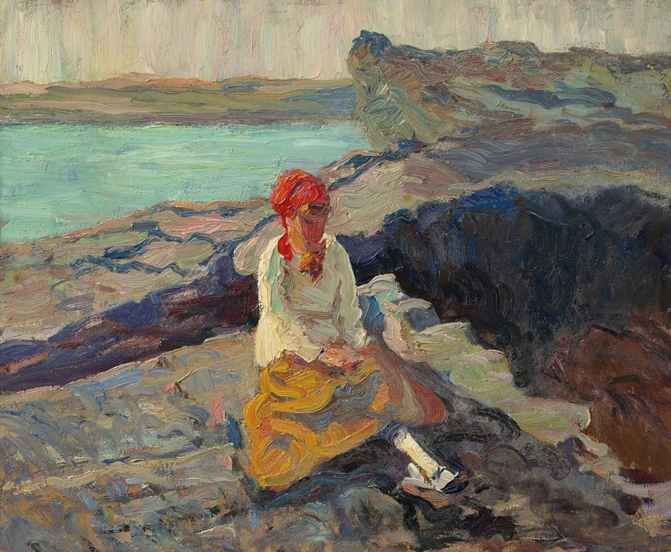 Woman In Red Scarf Near The Seashore Wall Art by Walt Kuhn - High-Resolution Digital Print