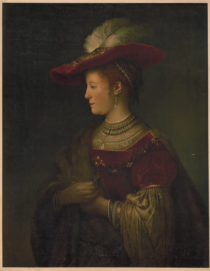 Woman In Red Velvet Fur Jewels And Feathered Hat