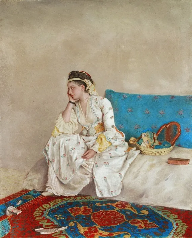 Woman In Turkish Dress Seated On A Sofa