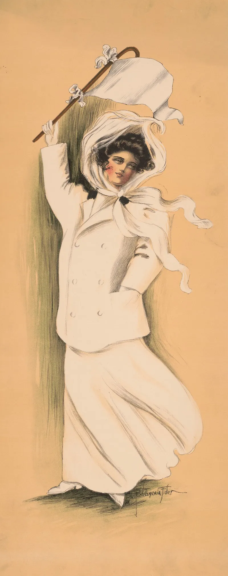 Woman In White Dress And Coat Waving White Flag 2 Wall Art by Eugenia Fidler - High-Resolution Digital Print