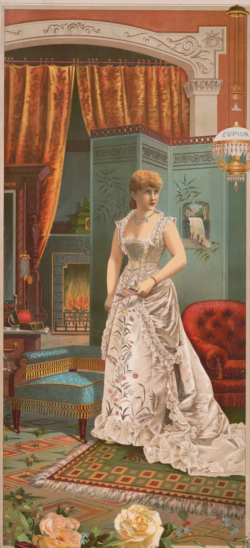 Woman In White Dress Standing Holding A Eupion Oil Brochure With Fireplace And Oil Lamp In Background Wall Art by Eupion Oil - High-Resolution Digital Print