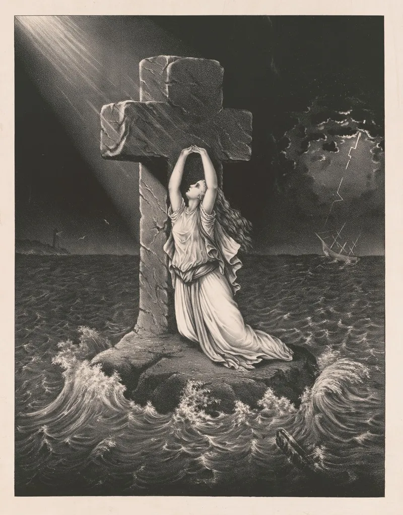 Woman Leaning Against Cross On Rock In Middle Of Stormy Sea Near A Shipwreck Wall Art by Anonymous - High-Resolution Digital Print