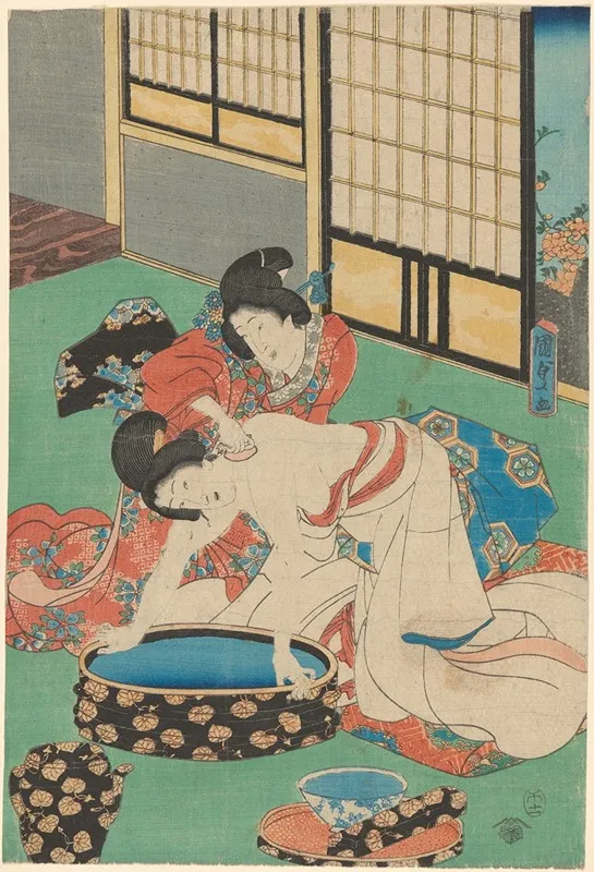 Woman Leaning Over Tub Being Bathed By Her Maid Wall Art by Utagawa Kunisada (Toyokuni III) - High-Resolution Digital Print